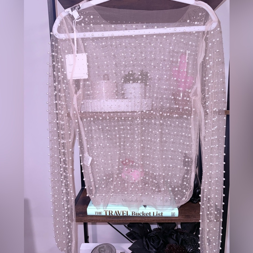 DAVI & DANI Pearl-Embellished Sheer Top
